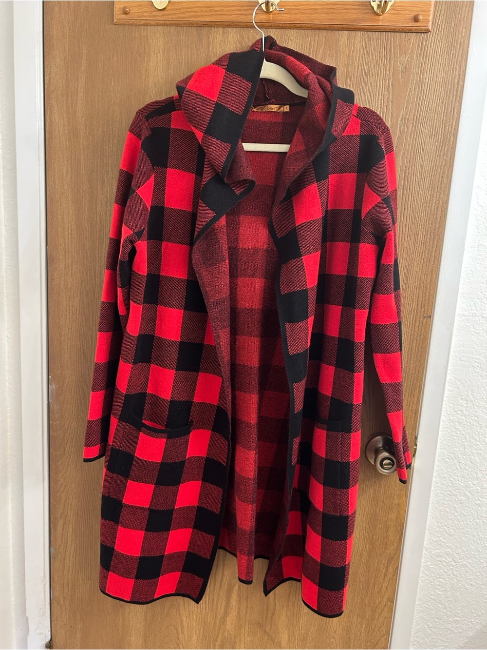 Belldini Red and Black Plaid Hooded Cardigan
